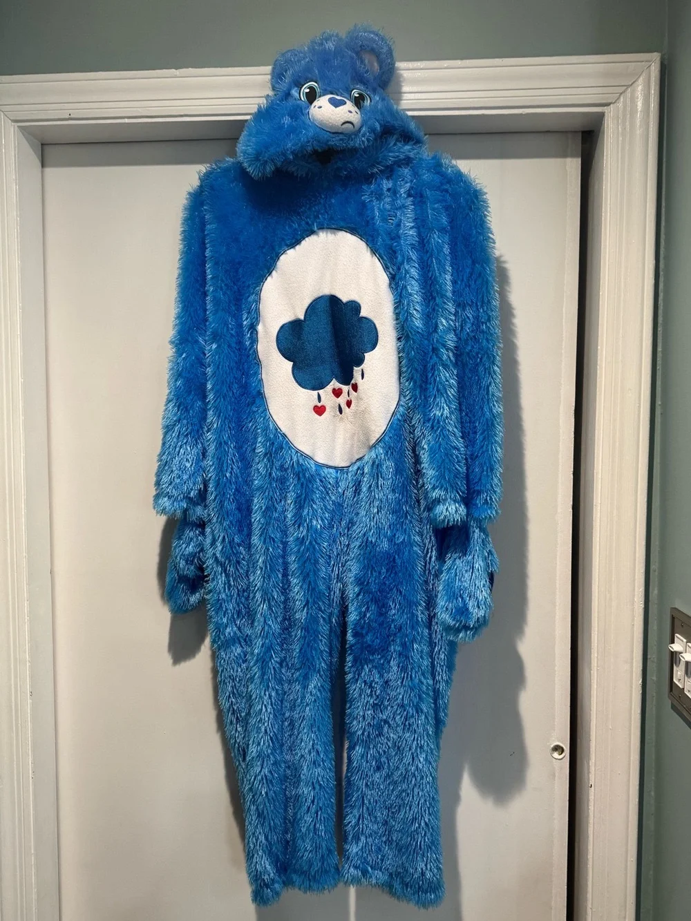 Care Bears Rain Cloud Romper Fluffy Fur Pajamas One-Piece Ears Hood Size medium